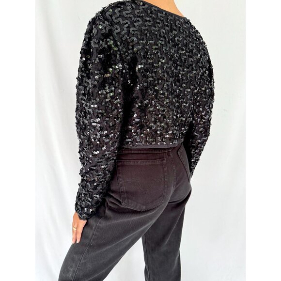 80s vintage black sequin lace embellished glam party cropped bolero jacket shrug - Picture 4 of 8